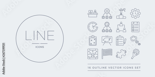 16 line vector icons set such as productivity tools, puzzle piece, racing flag, soccer tactics diagram, speech bubbles contains survey, tactics, task page with marks, tasks. productivity tools,