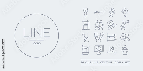 16 line vector icons set such as political candidate speech, political flag, political publicity on monitor screen, speech, politicians contains poll, protest, slavery, supporter. candidate speech,