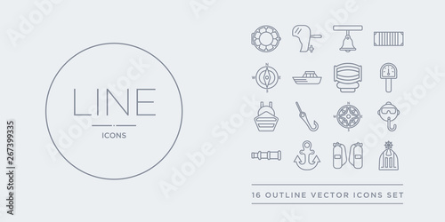 16 line vector icons set such as afterdeck, air tank, anchor, antique telescope, aqualung contains azimuth compass, bait, ballast, barometer. afterdeck, air tank, anchor from nautical outline icons.