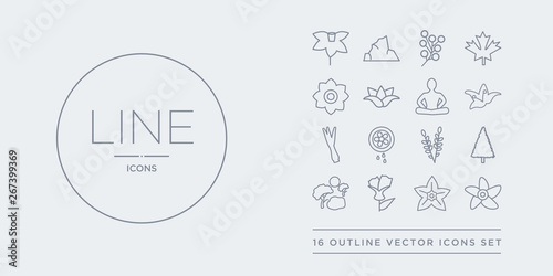 16 line vector icons set such as jasmine, jonquil, knapweed, landscape, larch contains lavender, lemon and juice drop out, lemongrass, lily. jasmine, jonquil, knapweed from nature outline icons. © t-vector-icons