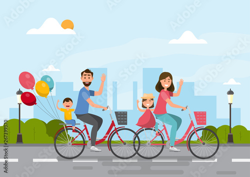 Happy family. father, mother, boy and girl riding on a bicycle together