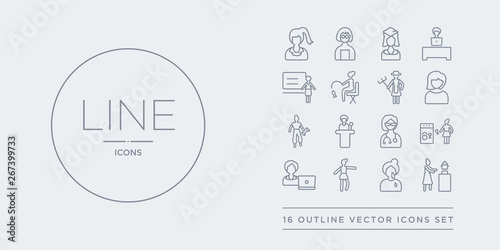16 line vector icons set such as woman cooking, woman crying, woman dancing ballet, device user, dish washer contains doctor, doing a presentation, exercising, face. cooking, crying, dancing ballet