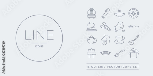 16 line vector icons set such as stew pot, strainer, sugar sifter, tablecloth, tablespoon contains tea cup, tea infuser, teapot, teaspoon. stew pot, strainer, sugar sifter from kitchen outline