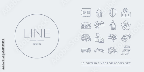 16 line vector icons set such as slippery road, stone on the road, towed car, transport insurance, travel insurance contains tsunami insurance, unemployed, vehicle repair, wellness. slippery road,