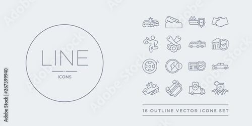 16 line vector icons set such as medical insurance, moving insurance, overturned car, overturned vehicle, parking crash contains payment protection, problem electric, puncture in a wheel, real