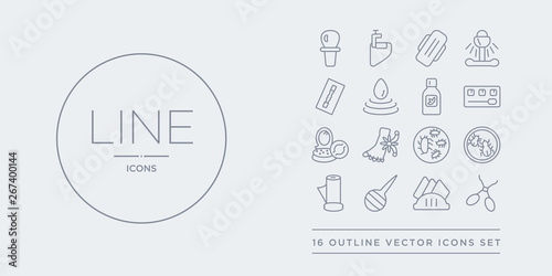 16 line vector icons set such as nail scissors, napkin, nasal aspirator, paper towel, parasite contains pathogen, pedicure, powder, primp. nail scissors, napkin, nasal aspirator from hygiene outline