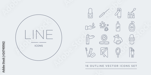 16 line vector icons set such as hair washing, hand mirror, handkerchief, hygiene kit, hygienic pad contains lather, lens, lip balm, liquid soap. hair washing, hand mirror, handkerchief from hygiene