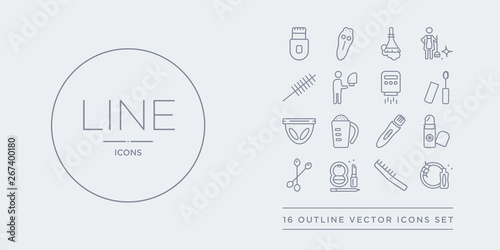16 line vector icons set such as clean dishes, comb, cosmetics, cotton swab, deodorant contains depilator, detergent dose?, diaper, dolled up. clean dishes, comb, cosmetics from hygiene outline
