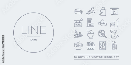 16 line vector icons set such as extinguisher, fire extinguisher, five stars, free wifi, fried chicken contains fried egg, frozen yogurt, guest, hamburger. extinguisher, fire five stars from hotel