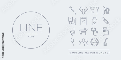 16 line vector icons set such as serum, smoking, sperm, spermatozoon, sphygmomanometer contains stethoscope, stretcher, surgery, syringe. serum, smoking, sperm from health and medical outline icons.