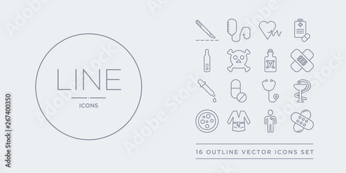 16 line vector icons set such as patch, patient, patient robe, petri dish, pharmacy contains phonendoscope, pills, pipette, plaster. patch, patient, robe from health and medical outline icons. thin,