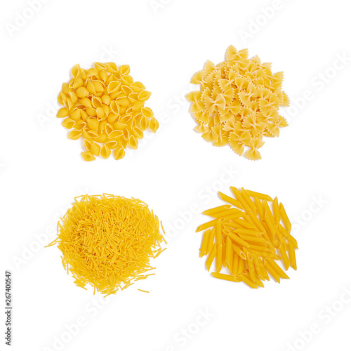 Isolated different pasta on white background. Top view