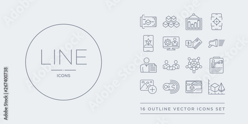 16 line vector icons set such as 3d modeling, 3d printing, active sensor, add photos, advertising agency contains advertising networks, affiliate link, agent script, agitation. 3d modeling,