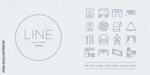 16 line vector icons set such as wall shelves, rugs, table linens, cabinets, card table contains glassware, linens, silverware, lamps. wall shelves, rugs, table linens from furniture and household