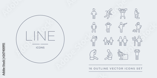 16 line vector icons set such as inspi human, irritated human, lazy human, lonely lost contains loved lovely lucky pissed inspi irritated lazy from feelings outline icons. thin, stroke elements