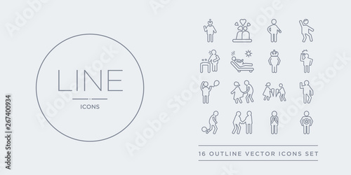 16 line vector icons set such as good human, grateful human, great human, guilty happy contains heartbroken helpless hopeful hopeless good grateful great from feelings outline icons. thin, stroke