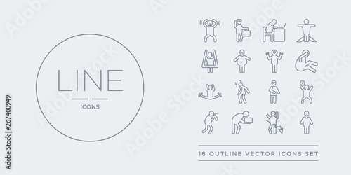 16 line vector icons set such as disappointed human, down human, drained human, drunk ecstatic contains emotional energized excited exhausted disappointed down drained from feelings outline icons.
