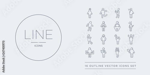 16 line vector icons set such as accomplished human, aggravated human, alive human, alone amazed contains amazing amused angry annoyed accomplished aggravated alive from feelings outline icons.