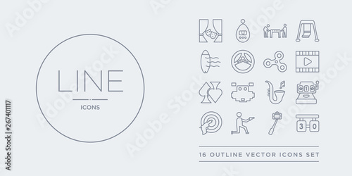 16 line vector icons set such as score, selfie stick, shooter, shooting game, slot machine contains soprano, space invaders, spades, speedometer. score, selfie stick, shooter from arcade outline
