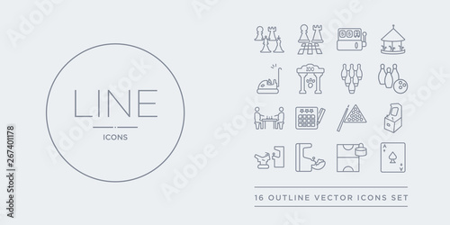 16 line vector icons set such as ace of spades, air hockey, arcade, arcade game, arcade machine contains billiards, bingo, board games, bowling. ace of spades, air hockey, from outline icons. thin,