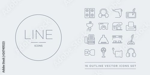 16 line vector icons set such as earphones, electric blanket, electric fan, electric pencil sharpener, electronic contains espresso maker, exhaust hood, fax, fax machine. earphones, blanket, fan