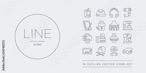 16 line vector icons set such as electric blanket, electric fan, electric pencil sharpener, electronic, espresso maker contains exhaust hood, fax, fax machine, food processor. blanket, fan, pencil
