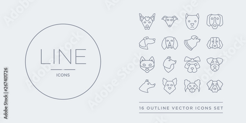 16 line vector icons set such as rottweiler dog, russian toy dog, samoyed dog, schipperke schnauzer contains shar pei shetland sheepdog shiba inu st. bernard rottweiler russian toy samoyed from dogs