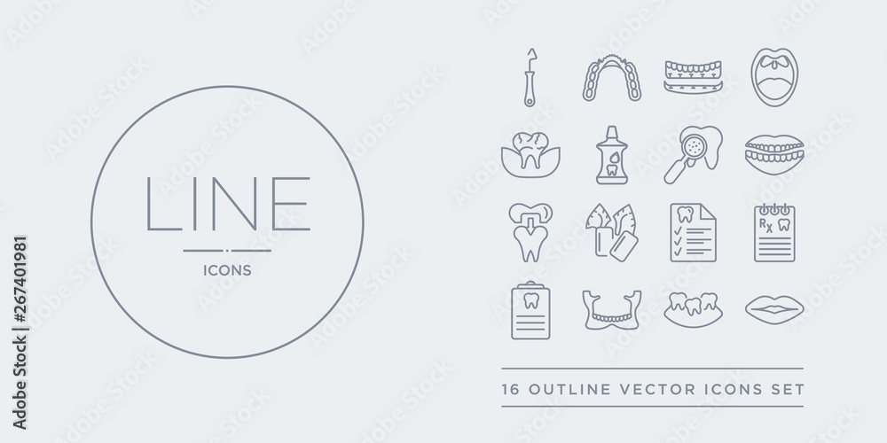 16 line vector icons set such as lips, malocclusion, maxilla, medical appointment, medical prescription contains medical record, mint gum, molar crown, mouth. lips, malocclusion, maxilla from 16 line vector icons set such as lips, malocclusion, maxilla, medical appointment, medical prescription contains medical record, mint gum, molar crown, mouth. lips, malocclusion, maxilla from