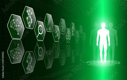 abstract background technology concept in green light,human body heal,technology modern medical science in future and global international medical with tests analysis clone DNA human