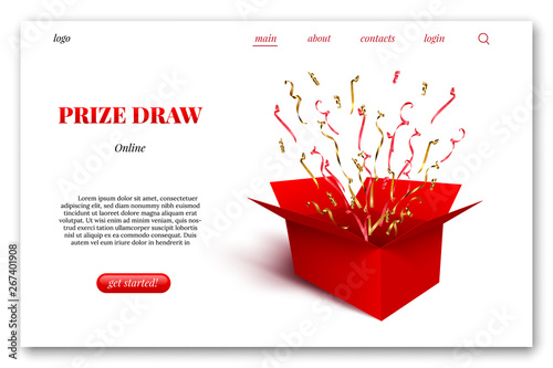 Landing page layout. Red gift box with red and golden ribbons, serpentine and confetti isolated on white background. Vector design element.