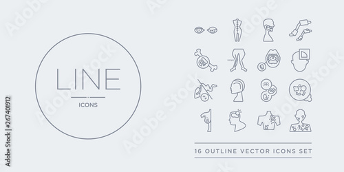 16 line vector icons set such as measles, melanoma, meningitis, metastatic cancer, methicillin-resistant staphylococcus aureus (mrsa) contains m??ni??re's disease, microcephaly, middle east