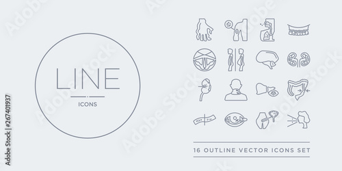 16 line vector icons set such as influenza, interstitial cystitis, iritis, iron-deficiency anemia, irritable bowel syndrome contains jaundice, keloids, kidney disease (chronic kidney disease),