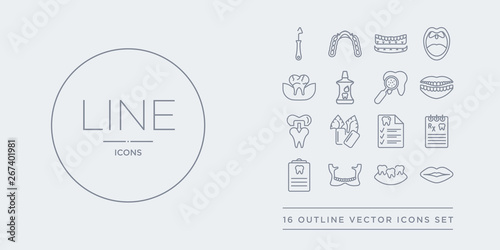 16 line vector icons set such as lips, malocclusion, maxilla, medical appointment, medical prescription contains medical record, mint gum, molar crown, mouth. lips, malocclusion, maxilla from