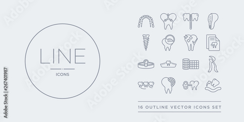 16 line vector icons set such as extraction, fake tooth, filler, floss, forceps of dentist tools contains gauze, gum, headlamp, health report. extraction, fake tooth, filler from dentist outline © t-vector-icons