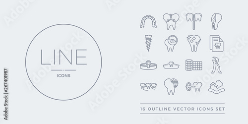 16 line vector icons set such as extraction, fake tooth, filler, floss, forceps of dentist tools contains gauze, gum, headlamp, health report. extraction, fake tooth, filler from dentist outline