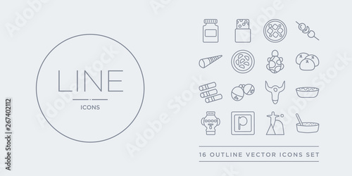 16 line vector icons set such as rice pudding, rio de janeiro, ruble, samovar, sha cha mian contains skull of a bull, sleigh bell, spring rolls, steamed bread. rice pudding, rio de janeiro, ruble