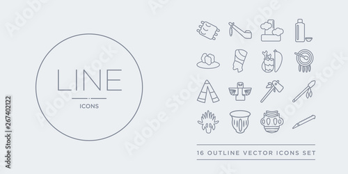 16 line vector icons set such as native american flute, native american mask, native american pot, skull, spear contains tomahawk, totem, wigwam, drum. flute, mask, pot from indigenous outline