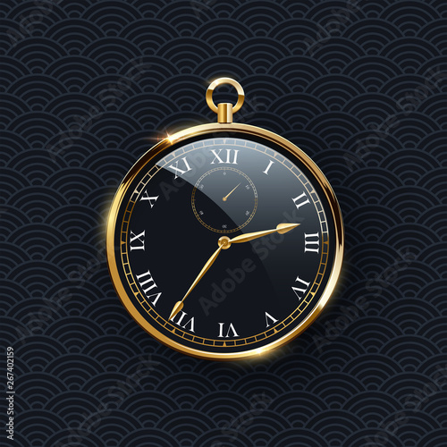 Round clock with golden frame realistic vector illustration