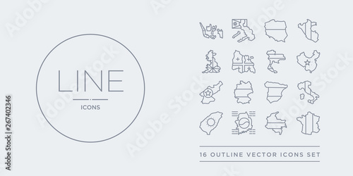 16 line vector icons set such as france flag, colombia flag, south korea flag, taiwan italy contains spain germany north korea china france colombia south korea from country flags outline icons.