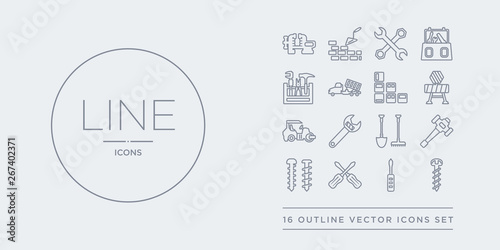16 line vector icons set such as screw, screwdriver, screwdrivers, screws, sledge hammer contains spade tool, spanner, steamroller, stopping. screw, screwdriver, screwdrivers from construction