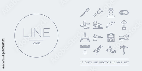 16 line vector icons set such as pick axe, pipe, plier, plumb bob, plumb rule tool contains plumbing pipes, polishers, putty knife, rammer. pick axe, pipe, plier from construction outline icons.