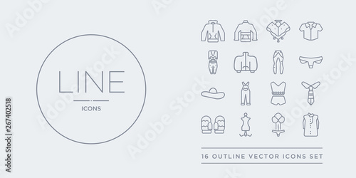 16 line vector icons set such as kurta, lingerie, mannequin, mittens, necktie contains nightwear, overall, pamela, panties. kurta, lingerie, mannequin from clothes outline icons. thin, stroke