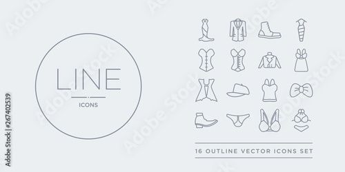 16 line vector icons set such as bra & knicker, brassiere, briefs, brisk boots, butterfly tie contains camisole, cap, cardigan, chemise. bra & knicker, brassiere, briefs from clothes outline icons.