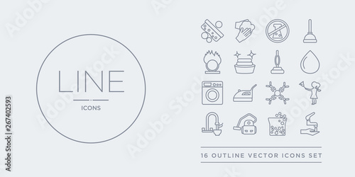 16 line vector icons set such as hand washing, hard water, hoover, hot water, housekeeping contains hygroscopic, ironing, laundry, liquid. hand washing, hard water, hoover from cleaning outline