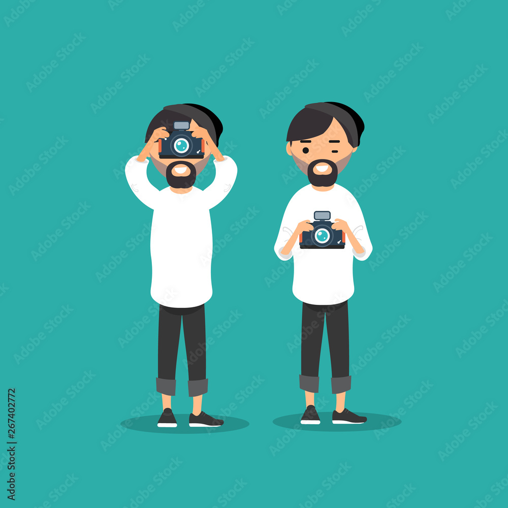 Young character photographer with camera in two variations.Flat cartoon design Young character photographer with camera in two variations.Flat cartoon design