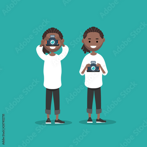 Young character photographer with camera in two variations.Flat cartoon design