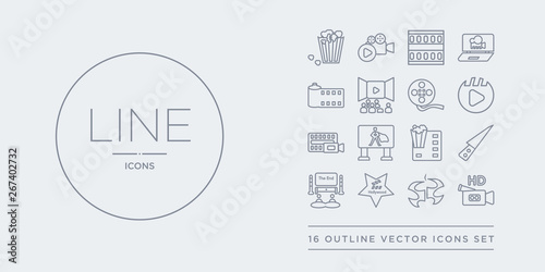 16 line vector icons set such as hd movie, hitman, hollywood star, home cinema, machete contains movie, movie billboard, film, player. hd hitman, hollywood star from cinema outline icons. thin,
