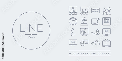 16 line vector icons set such as 3 dimension screen, 3d glasses, 3d movie, 3d television, 4k contains actress, animation, author, box office. 3 dimension screen, glasses, movie from cinema outline