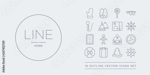 16 line vector icons set such as flowers, fun hat, gift, gift box, gingerbread contains gingerbread house, gingerbread man, guest list, ice crystal. flowers, fun hat, gift from christmas outline