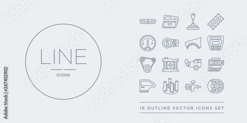 16 line vector icons set such as car disc brake, car distributor, car distributor cap, door, engine contains exhaust, fan, fan belt, fascia (british). disc brake, distributor, cap from parts outline